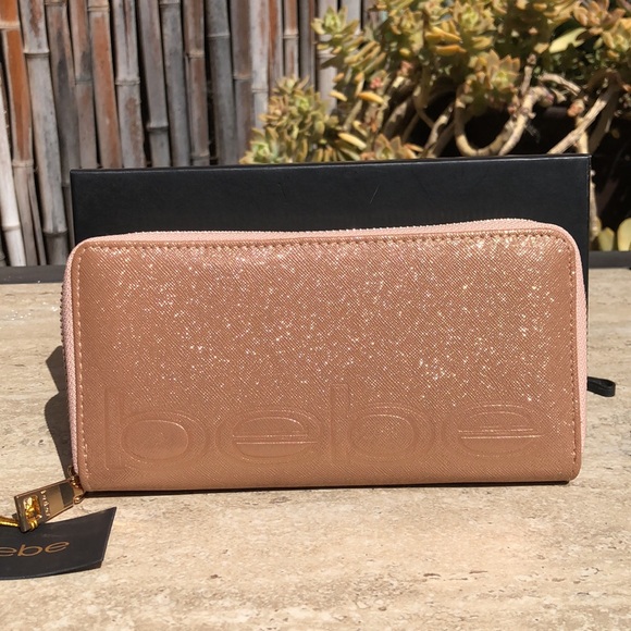 BEBE Rose Gold Sparkle Faux Leather Wristlet / Clutch / Wallet 8"x 4" - Picture 11 of 12